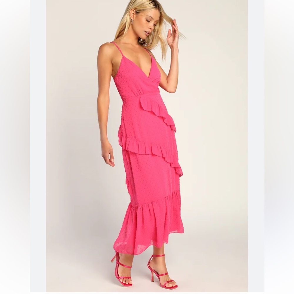 Cheers to me Lulus tiered Swiss dot midi raffle dress size medium pink fairy